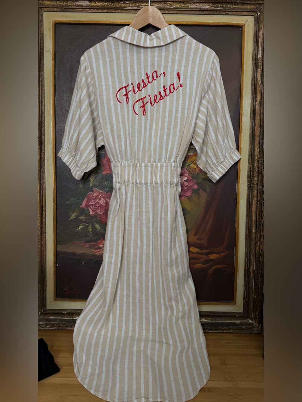 Corey Lynn Calter Beige & White Striped Tie-Front Midi Dress